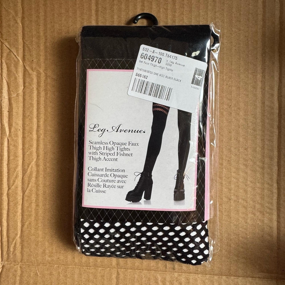 LEG AVENUE Black Seamless Faux Thigh High Tights Striped Fishnet Fishnets NEW